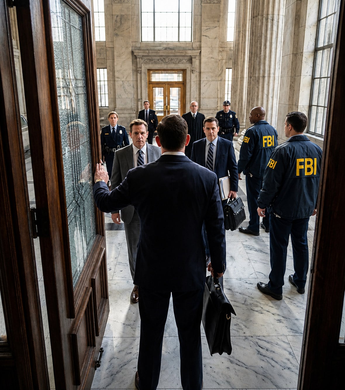 Attorney entering a courthouse past federal agents